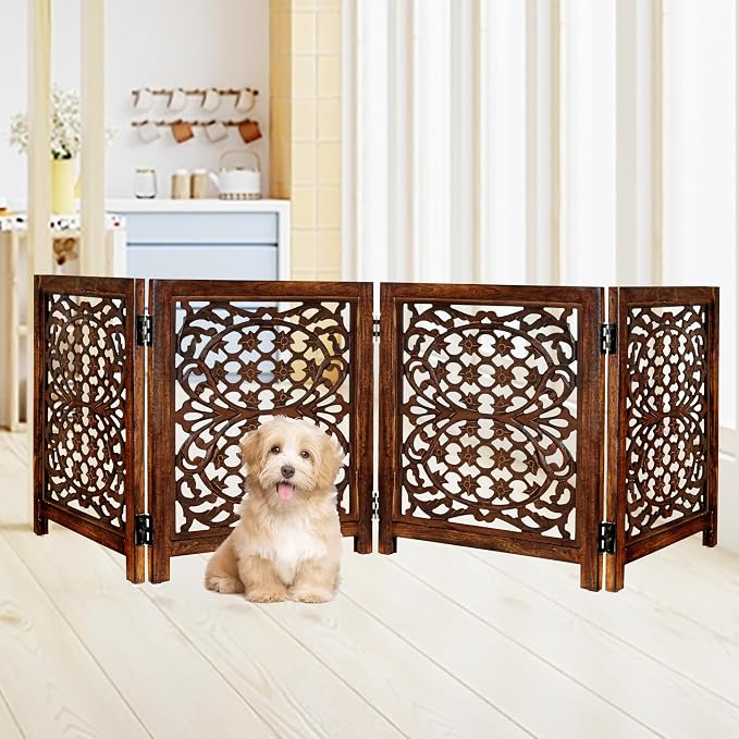 Lightnpro 4-Panel Wooden Dog Gate – 72 Inch Extra-Wide Foldable Freestanding Pet Barrier, Rustic Burnt Finish Indoor Safety Fence for Small Dogs & Puppies – 24x18 Inch Panels