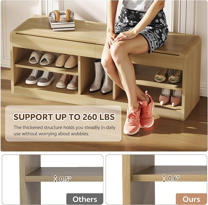 Shoe Storage Bench with Flip-Open Box & Shelf, Natural | 47.2in Bench Fits Hallways, Bedrooms And Living Room, With Sturdy Wood Construction For Daily Use