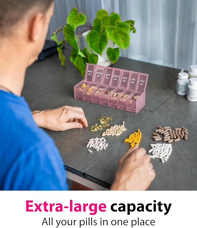 Extra Large Pill Organizer - XXL Vitamin Holder for Weekly Supplements - Double Sided Pill Box 7 Day with Big AM PM Compartments Huge Daily Medicine Dispenser 2 Times a Day Reliable and Easy-to-Use