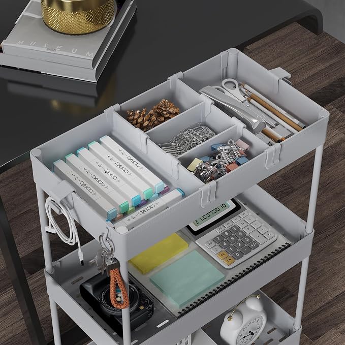 4 Tier Rolling Cart with Wheels, Storage Craft Art Trolley Organizer Serving, 3 Hanging Baskets Easy Assembly, for Office, Living Room, Kitchen
