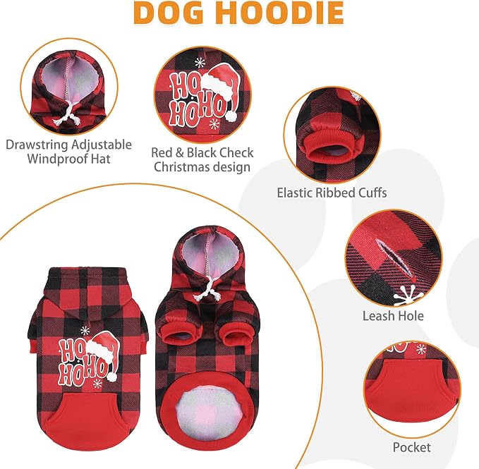 KOOLTAIL Christmas Dog Hoodie, Red Plaid Pet Sweater, Hat Hooded Sweatshirt Dog Clothes for Small Medium Large Dogs Boys Girls, Soft Warm Winter Cold Weather Coat with Leash Hole&Pocket, Santa, XL