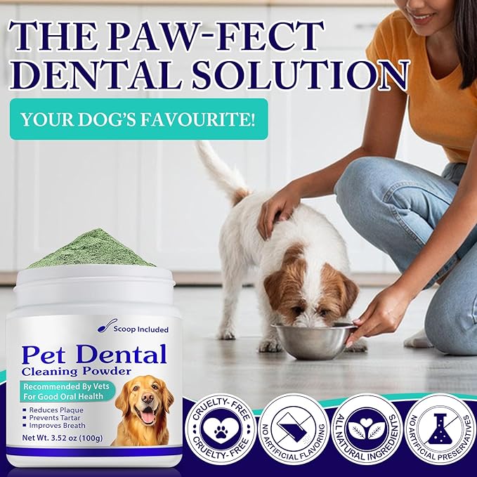Dog Teeth Cleaning Powder - Dog Dental Powder - Dog Breath Freshener - Targets Tartar & Reduces Plaque & Bad Breath - Teeth Cleaning Made Easy Eliminate - Formulated for Small, Medium, Large Dogs