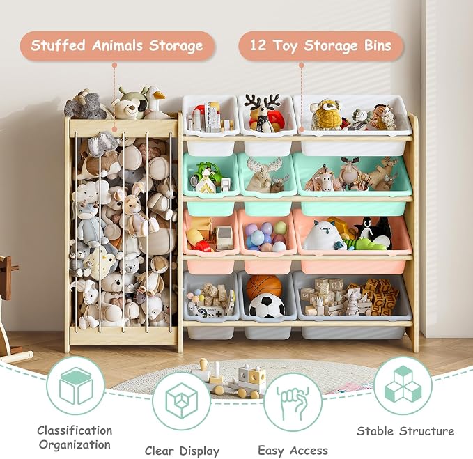EXPERLAM Kids Toy Storage Organizer, 2-in-1 Stuffed Animal Storage & Toy Organizer w/12 Bins, Solid Wood Toy Rack Featuring Thicker Elastic Ropes to Hold Toys, Playroom Nursery Bedroom Storage, Multi