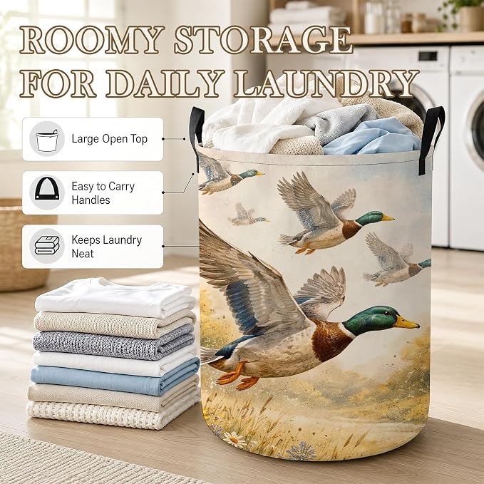 Laundry Hamper, Flying Ducks Collapsible Wildflowers Laundry Baskets Waterproof Oxford Cloth With Handles, Clothes Storage Bucket For Bathroom/Bedroom 16" x 20.8"