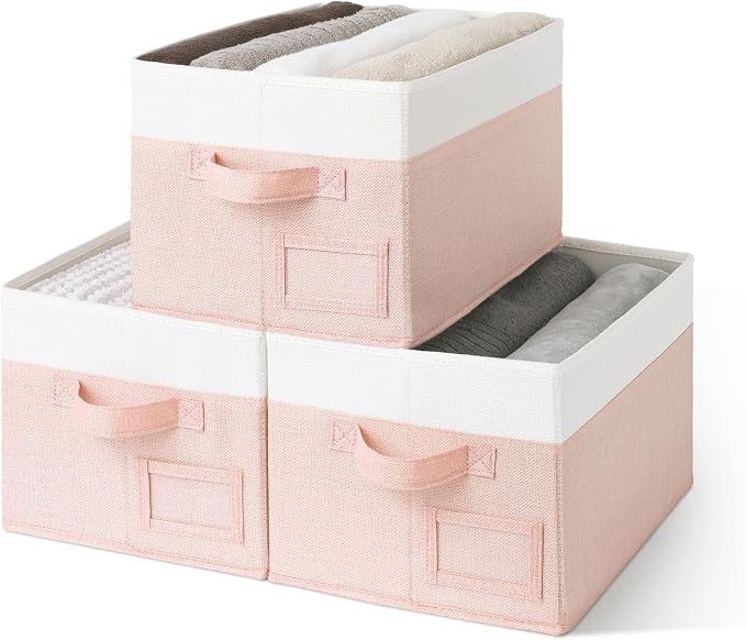 GRANNY SAYS Closet Storage Bins with Label, Pink&Ivory, Medium, 3-Pack | Fabric Storage Bins for Shelves, Closet Storage Boxs, Clothing Storage and Organization, Decorative Storage Bins