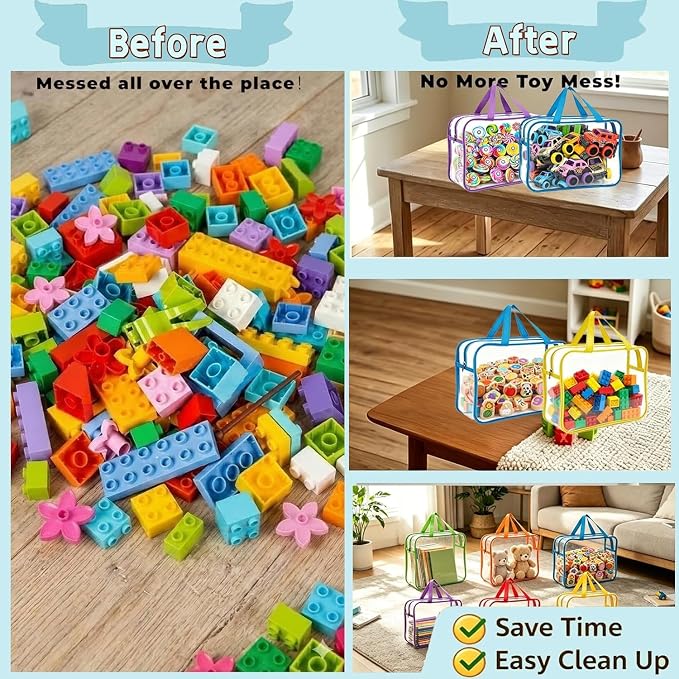 6 Pack Clear Toy Storage Bags with Zipper, Large Waterproof PVC Toy Organizer Bags for Kids, Reusable Puzzle Storage Pouches for Board Games, Books, Blocks and Classroom Supplies