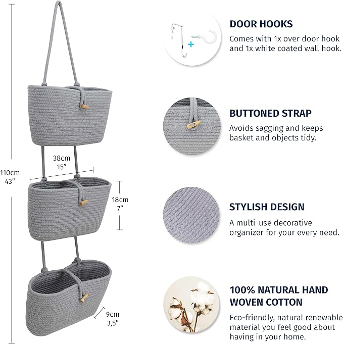 OrganiHaus Over the Door Organizer, Woven Rope Hanging Baskets, 3-Tier | Cotton Wall Storage Basket For Nursery Decor, Entryway, Bathroom, Playroom Or Dorm, Mounts On Door Or Wall, Light Gray