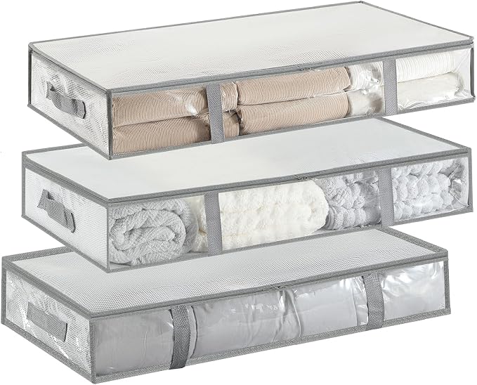 3 Pack Under Bed Storage Bags, Humid-proof Material Plastic Underbed Storage Containers, Blanket/Clothes Storage Bins with Lid, Closet/Bedding Comforter/Sheet Storage and Organizer