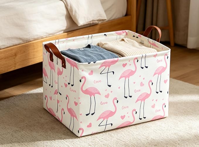 Flamingo Pink Basket Nursery Storage Basket Rectangular Cute Pattern Storage Bin Organizer Book Shelf Basket Flamingo Room Decor(Love Flamingo)