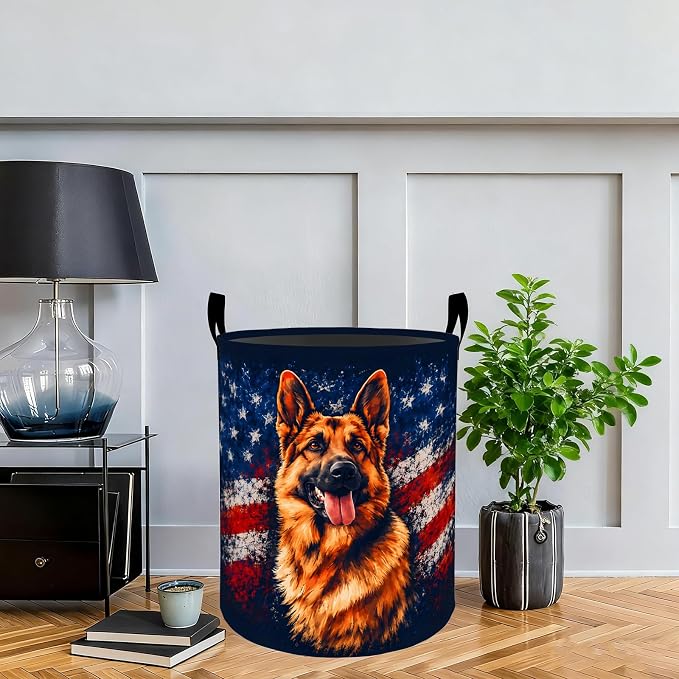 German Shepherd Flag Laundry Basket Hamper, Organizer Bins Gifts for Women Kids, Patriotic Foldable Dog Waterproof Clothes Hamper Handles Storage Bucket for Bedroom Bathroom Room Decor 19.7"x15.7"