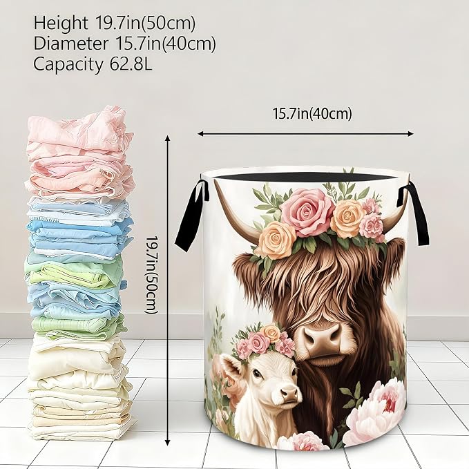 Rustic Highland Cow Floral Laundry Basket,Dirty Clothes Hamper,Farm Animal and Flower Storage Bin Gifts,Waterproof Oxford Cloth Baskets for Bathroom,Bedroom,Home Decoration(19.7" x 15.7")