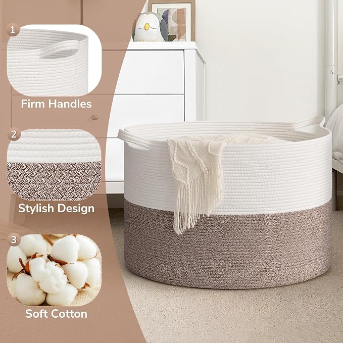 Goodpick Extra Large Woven Blanket Basket Living Room & Playroom, 115L | 23.5 x 23.5 x 15.8 In Storage Basket for Toys Shoes, Cute Baby Laundry Hamper for Towels, Clothes, Mele