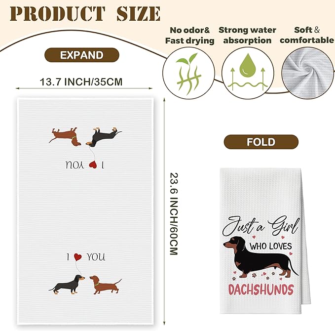 Kitchen Towels Set of 2, Dachshund Dish Towel for Kitchen, Decorative Hand Towels for Bathroom, Fast Drying Tea Towel with Love Sayings, Housewarming Gifts for Wiener Dog Lover Women Mom -B01