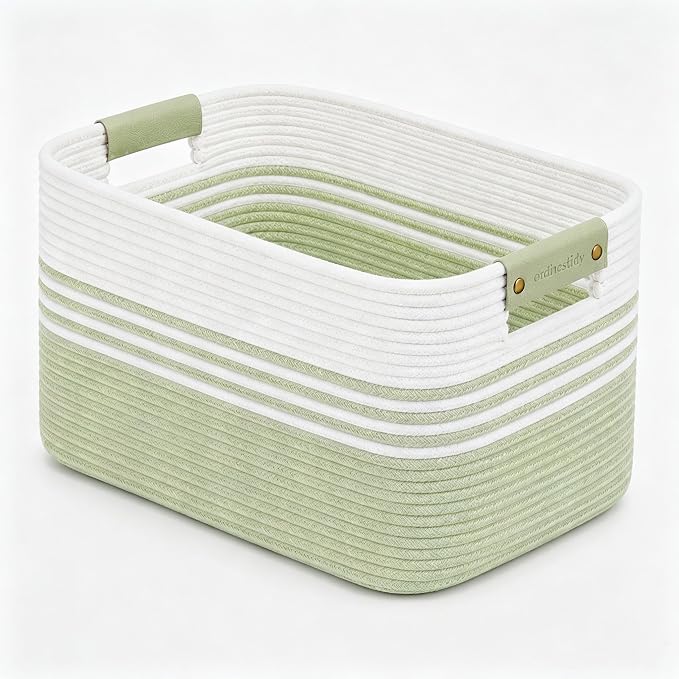 15.4GAL Woven Laundry Basket for Kids, Cute Boho Square storage basket for Living Room Decor, Baby Girls Boys Toys Stuffed Animal Decorative Short Hamper for Dirty Clothes, Bath Towel White Green
