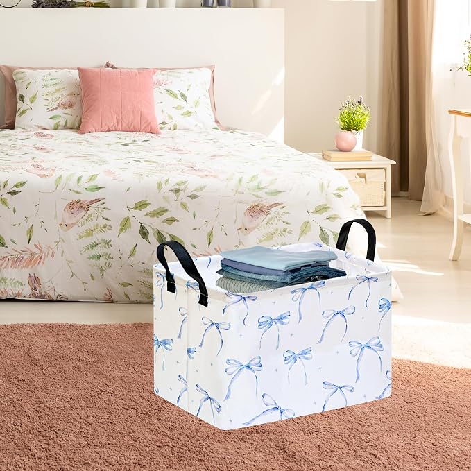 Girls Storage Basket with Blue Bow Print,14.5" x 10.2" x 9.4",Waterproof | Foldable Bin with Leather Handles;Ideal for Girls' Bedroom,Gift,Laundry&Toy Storage;Coquette Aesthetic Decor