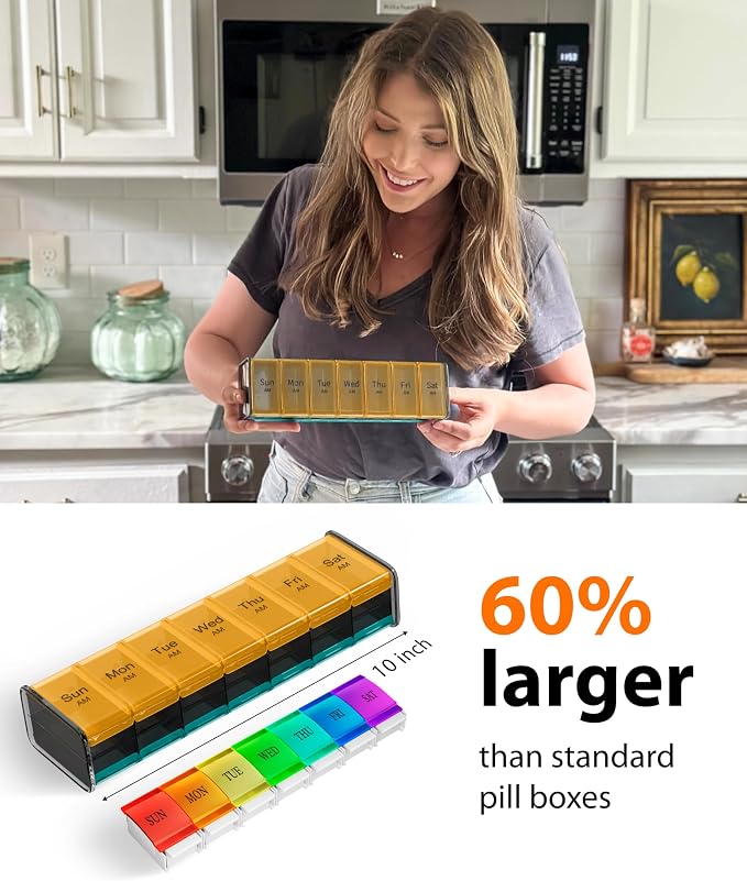 Extra Large Pill Organizer - XXL Vitamin Holder for Weekly Supplements - Double Sided Pill Box 7 Day with Big AM PM Compartments Huge Daily Medicine Dispenser 2 Times a Day Reliable and Easy-to-Use
