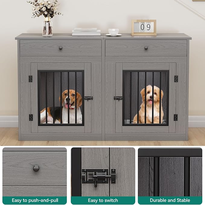 YITAHOME 60" Dog Crate Furniture with Removable Divider & Storage Drawers | Double Door Kennel with Locks for Medium and Large Dogs, Multi-Functional Dog Crate End Table, Grey