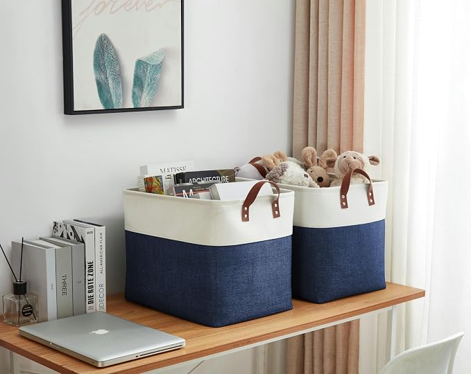 DECOMOMO Fabric Storage Bins, Extra Large Storage Baskets with Handles | 3 Pack Storage Baskets for Shelves, Laundry, Toys, Nursery (Navy Blue & White)