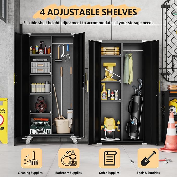 pozdeg 71" Black Rolling Lockable Metal Broom Closet Storage Cabinet