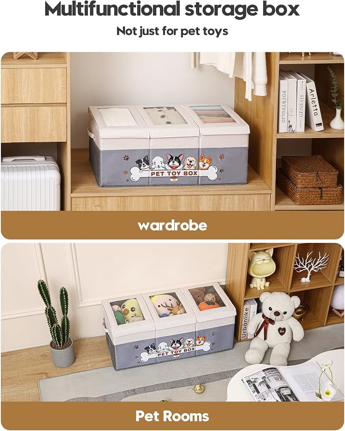 Dustproof Dog Toy Box With Transparent Lid, 3 Grids Dog Toy Bin, Extra Large Storage Holder Container, Foldable Chest