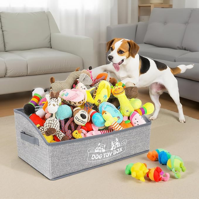 COWOSO Foldable Dog Toy Basket with 3 Handles, Pet Storage Box, White Dogs | Portable Pet Toy Organizer for Dog Toys & Accessories, Low Front Design, Waterproof Collapsible Storage Bin for Living Room