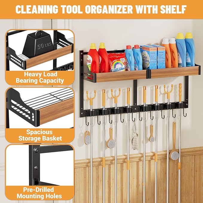 Broom and Mop Organizer Wall Mount, 2 pcs | Wall Hanging, Cleaning Supplies Organizer, Storage Shelf and Hooks, For Laundry Room Garage Kitchen