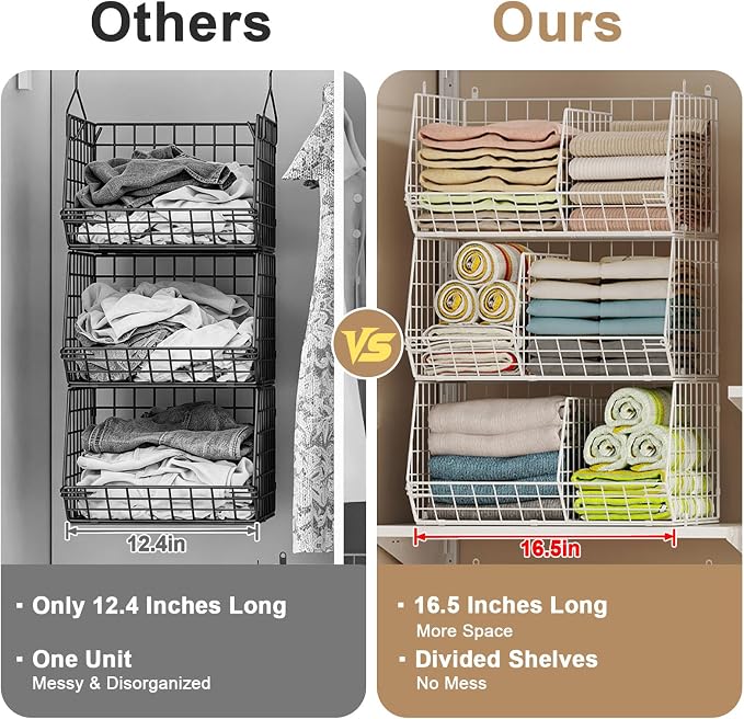 3 Tier Extra Large Closet Hanging Shelves with Divider, 16.5"L x 11.8"W x 33.6"H Closets Organizers and Storage with 5 S Hooks, Clothes Organizer for Sweaters Shoes Handbags Clutches Accessories-White
