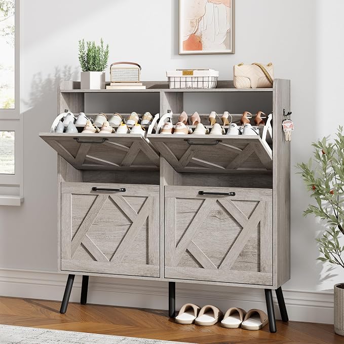 Shoe Cabinet with 4 Flip Drawers, Freestanding Shoe Organizer Cabinet, Farmhouse Narrow Shoe Storage Cabinet for Entryway, Foyer, Hallway