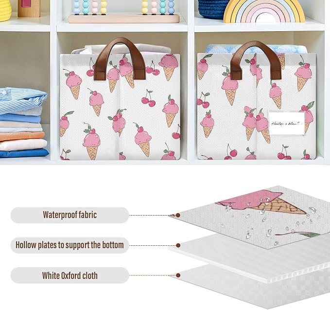 Pink Ice Cream Cone and Cherry Storage Basket Foldable Cube Storage Bins with Handles&Label Waterproof Organizer Box Bin Large Rectangle Decorative Baskets for Shelves Home Room Laundry-2 PC