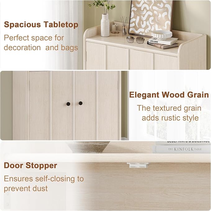 Jehiatek Light Oak Wood Shoe Cabinet with Adjustable Shelves & Large Bottom Drawer,Freestanding Closed Shoe Storage Organizer with Doors,Entryway Shoe Rack for Heels Boots Sneakers Hallway Living Room