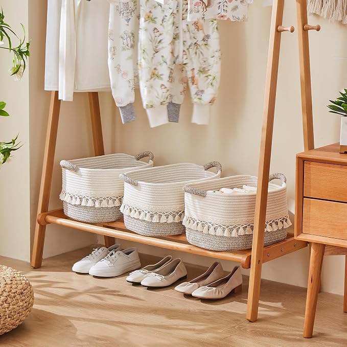 Storage Basket, Woven Baskets for Shelves, White/Beige | 3 Pack Boho Cotton Rope Storage Baskets, 14" x 9" x 8", Home Organizer for Nursery, Holds Toys, Books & Towels