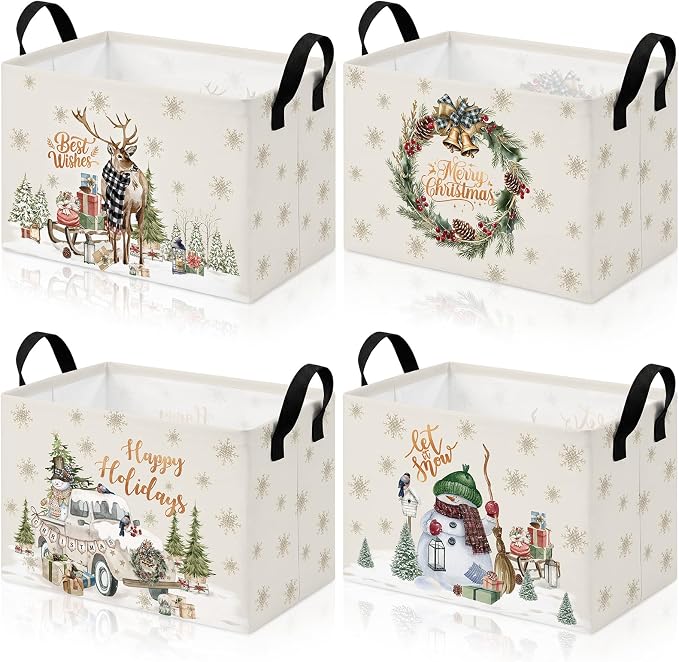 4 Pcs Christmas Storage Basket for Gifts Empty Large Christmas Storage Bins 15 x 10 x 8 Fabric Laundry Baskets with Handle Xmas Collapsible Organizer Boxes for Home Office Gifts Toys Books