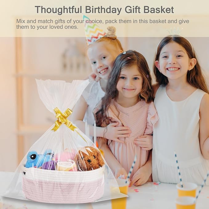 Small Woven Gift Basket with Bag & Ribbons, Light Pink | Cotton Rope, 13”x 9”x 5.5”, Fits for Kids, Women & Men, Bedroom, Living Room, Nursery & Bathroom Storage, Cat & Dog Toy Boxes