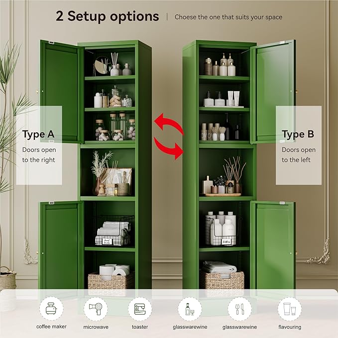 YAUWOH 2-Door Metal Storage Cabinet, Tall Slim Pantry Organizer with 3 Adjustable Shelves (120LBS/Shelf), Anti-Tipping Waterproof Cabinet for Bathroom/Kitchen/Home Office/Small Spaces,(1PC,Green)