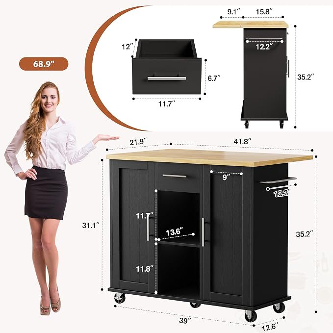 JY QAQA 42" Kitchen Island with Storage on Wheels, Rolling Table with Drop Leaf, Drawers, Cart Handle for Towel Rack or Free Movement, Black