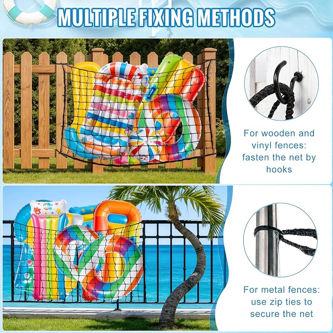 79" * 47" Pool Float Toy Storage Net, 2Pcs Extra Large Hanging Elastic Mesh Pool Storage with 20 Hooks & 200 Ties, Swimming Poolside Fence Toys Holder for Floats, Balls, Water Inflatable Toys Rafts