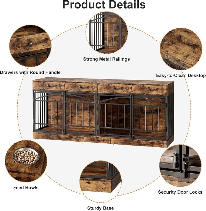 IDEALHOUSE 78.7" Double Dog Crate Furniture with Storage and 4 Doors, Brown | Dog Kennel Indoor with Feeding Bowls, Wood Dog Crate TV Stand for Small Medium Dogs