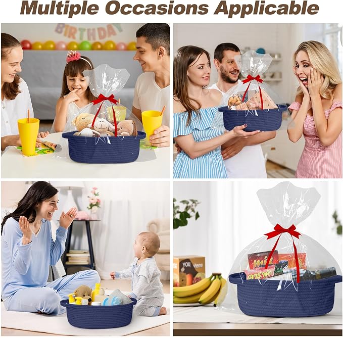 Small Baskets for Gifts Empty, 13"x 9"x 5" Woven Gift Basket with Bag and Ribbon, Cotton Rope Kids Dog Cat Toy Bin Box, Cute Baby Nursery Organizer, Decorative Storage with Handles,Dark Blue