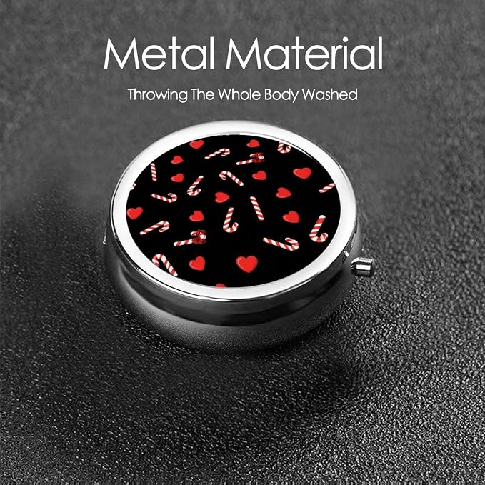 Portable Pill Box, Cute Round Container, Mini Organizer for Daily Meds, Purse Pocket Case for Commute Scenarios, Red Love Heart Christmas Sexy Candy Cane Black