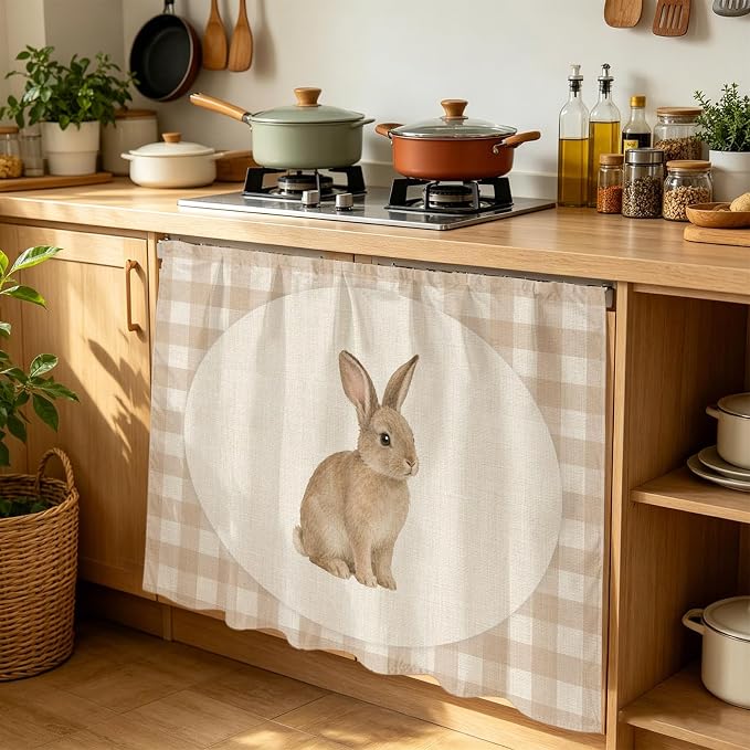 Rabbit Plaid Cabinet Dishwasher Hidden Curtains, Privacy Closet Door Curtain, Rustic Farmhouse Checkered Retro Animal Adhesive Dust Proof Under Sink Skirt for Bathroom Kitchen 35"x35"