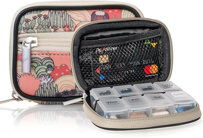 Made Easy Kit Pill Case for Everyday and Travel - 7-Day Weekly Medicine Supplement Vitamin Organizer Sorter Tracker - Neoprene Bag with Pockets - Compact Portable 8 Compartments (Khaki Desert)