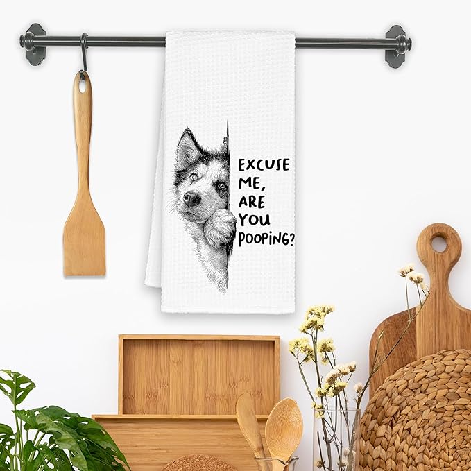 Funny Dog Husky Bathroom Towels, Cute Rustic Hand Kitchen Towels Gifts for Dog Lovers, are You Pooping Bar Dish Towel Decor for Dorm Bar Cafe 16x24in