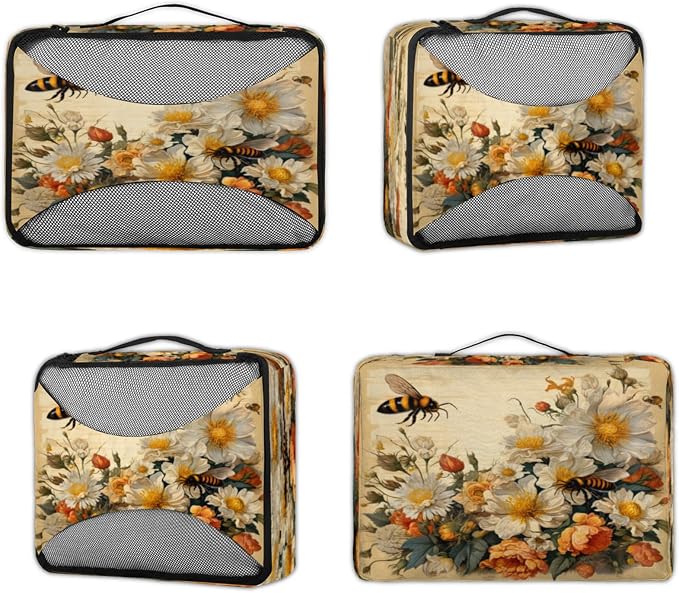 Spring Summer Flower Packing Cubes for Travel, Luggage Packing Organizers, Bee Travel Accessories Large Toiletries Bag for Clothes Shoes Cosmetics Toiletries