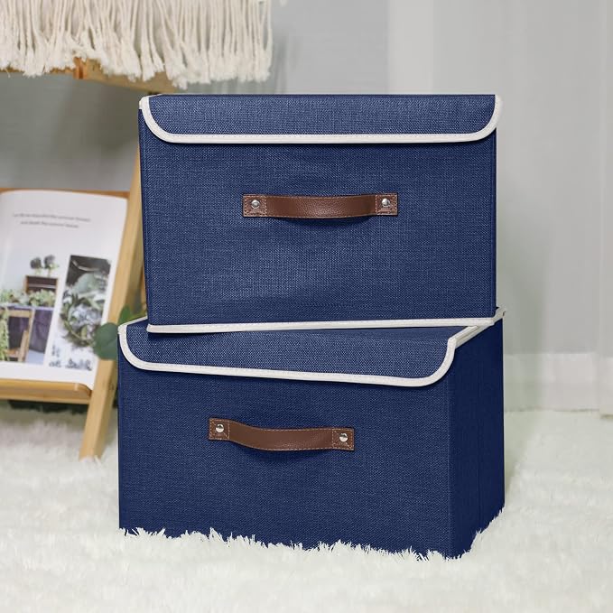 ANMINY Fabric Storage Box Bins with Lids, Blue, 15"x10"x10", 2 Pack | Keepsake Memory Storage, Cotton Linen, PP Board Reinforced, Washable, PU Handles, Foldable & Stackable, Decorative, Large