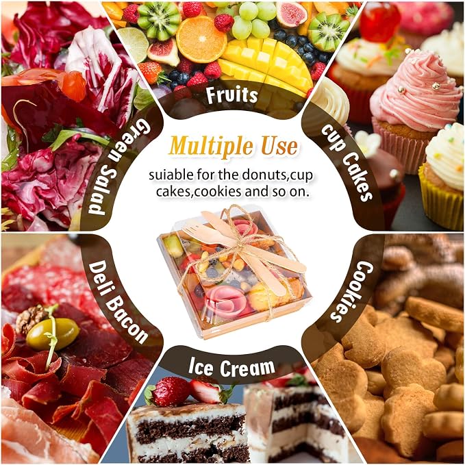 Whaline 50Pcs Small Charcuterie Boxes with Clear Lids Kraft Mini Dessert Boxes with Forks and Knives 5 Inch Square Disposable Food Containers for Sandwich Cookie Sushi Cake Slice Strawberries