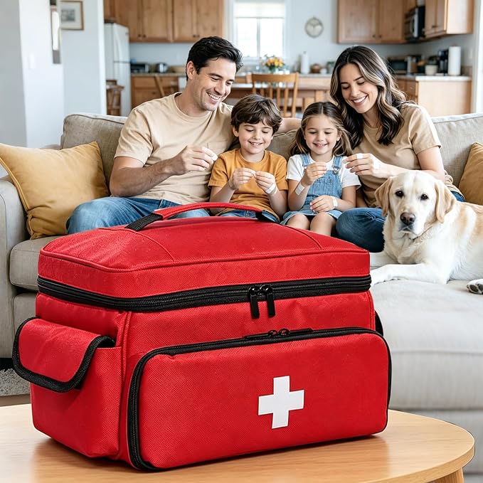Small First Aid Bag Empty Medical Bag Red Pill Bottle Organizer Case, Portable Emergency Bag Travel Medicine Kit Storage 12" x 9" x 7" First Aid Box for Car, Home, Office, Dorm, Camping (Red)