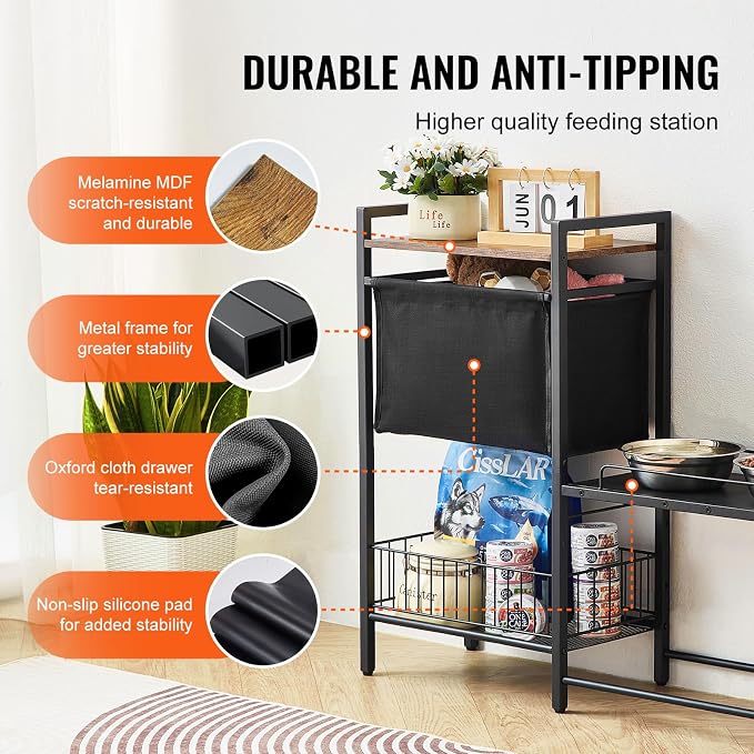 VEVOR Pet Feeding Station with Storage, 4 Height Adjustable Elevated Dog Bowl, Dog Bowls Stand with Toy Bin Basket, Raised Feeding Station Cabinet, Pet Storage Organizer for Large Medium Small Dogs