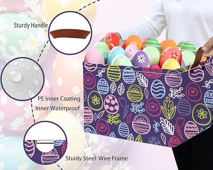 Large Rectangular Easter Baskets Empty Waterproof Boy Toy Box Foldable Kid's Gifts Storage Bin Spring Room Decor(Purple Striped Egg)