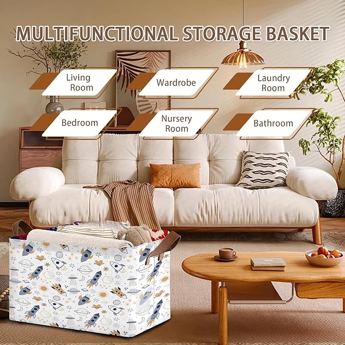 Cosmic Explorer Storage Basket Large 17x11.5x10.5 Inches-Collapsible Fabric Organizer Bin with Handles for Nursery, Playroom, Astronomy Fans-Decorative Hamper with Celestial Body Patterns-Single Pack