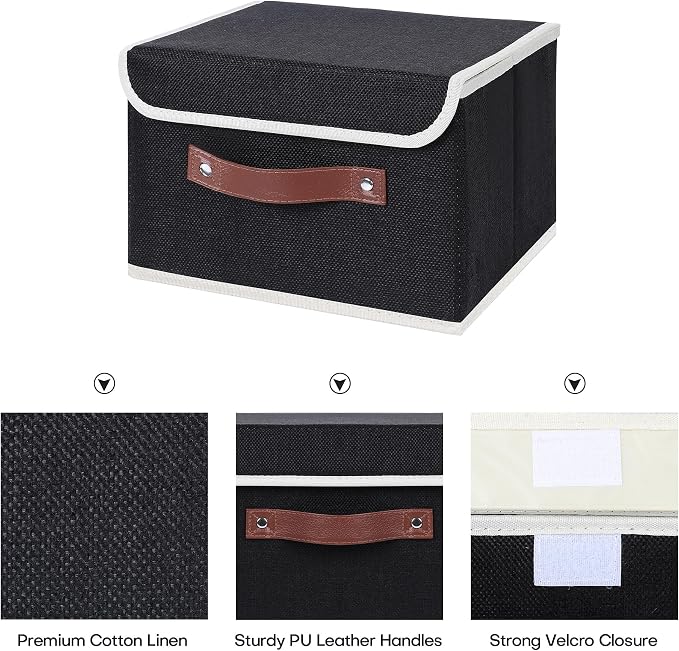 ANMINY Fabric Storage Box Bins with Lids, Black, 10"x8"x7", 2 Pack | Keepsake Memory Storage, Cotton Linen, PP Board Reinforced, Washable, PU Handles, Foldable & Stackable, Decorative, Small